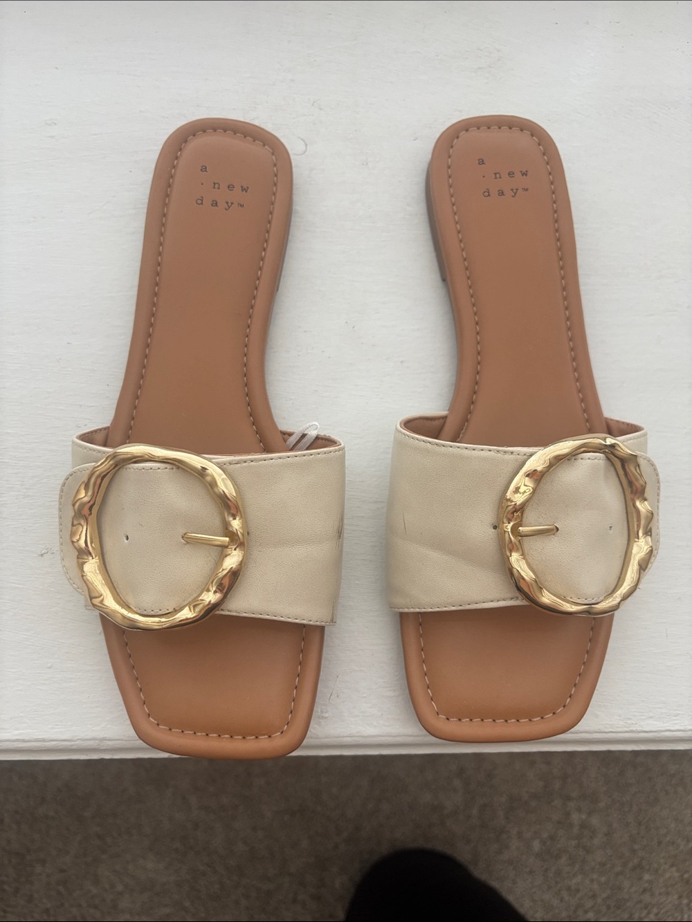 a new day Cream Slide Sandals with Gold Ring Accent